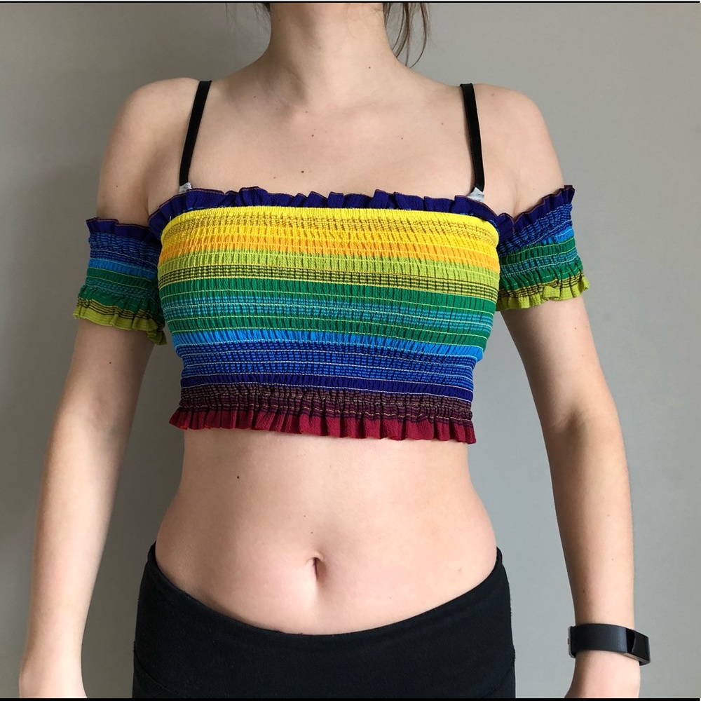Off-the-shoulder rainbow crop top